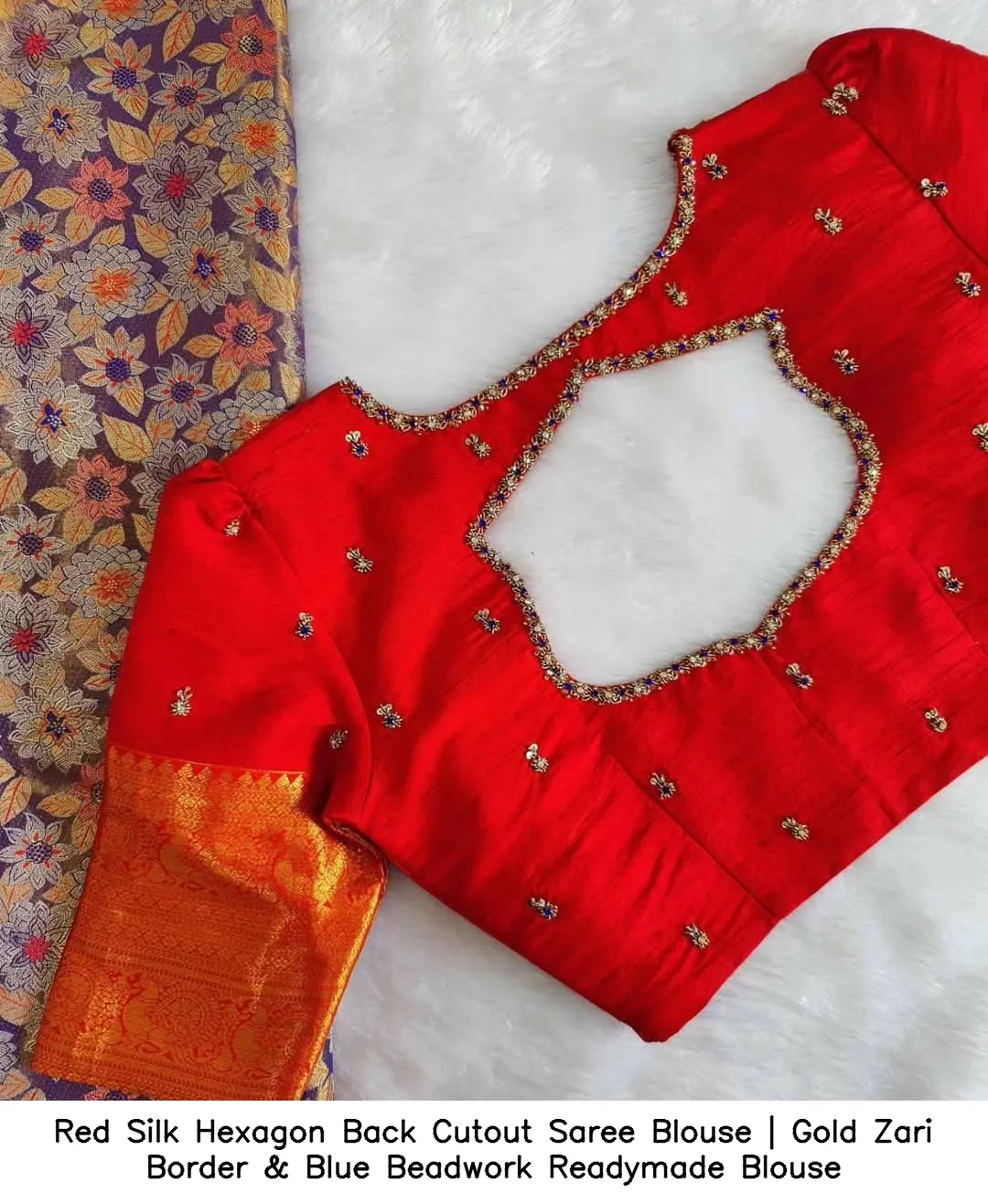 Red Silk Hexagon Back Cutout Saree Blouse | Gold Zari Border & Blue Beadwork Readymade Blouse 2