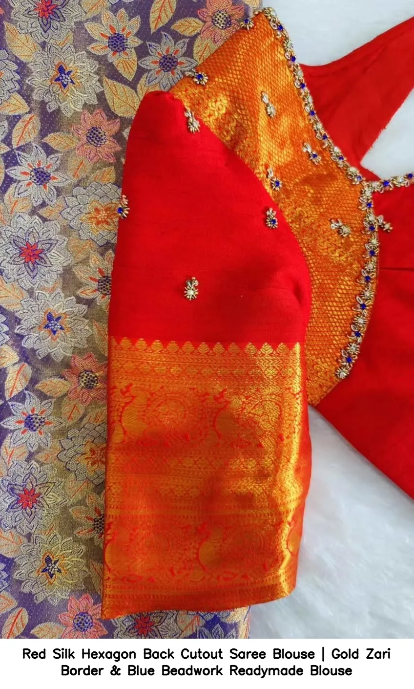 Red Silk Hexagon Back Cutout Saree Blouse | Gold Zari Border & Blue Beadwork Readymade Blouse 3