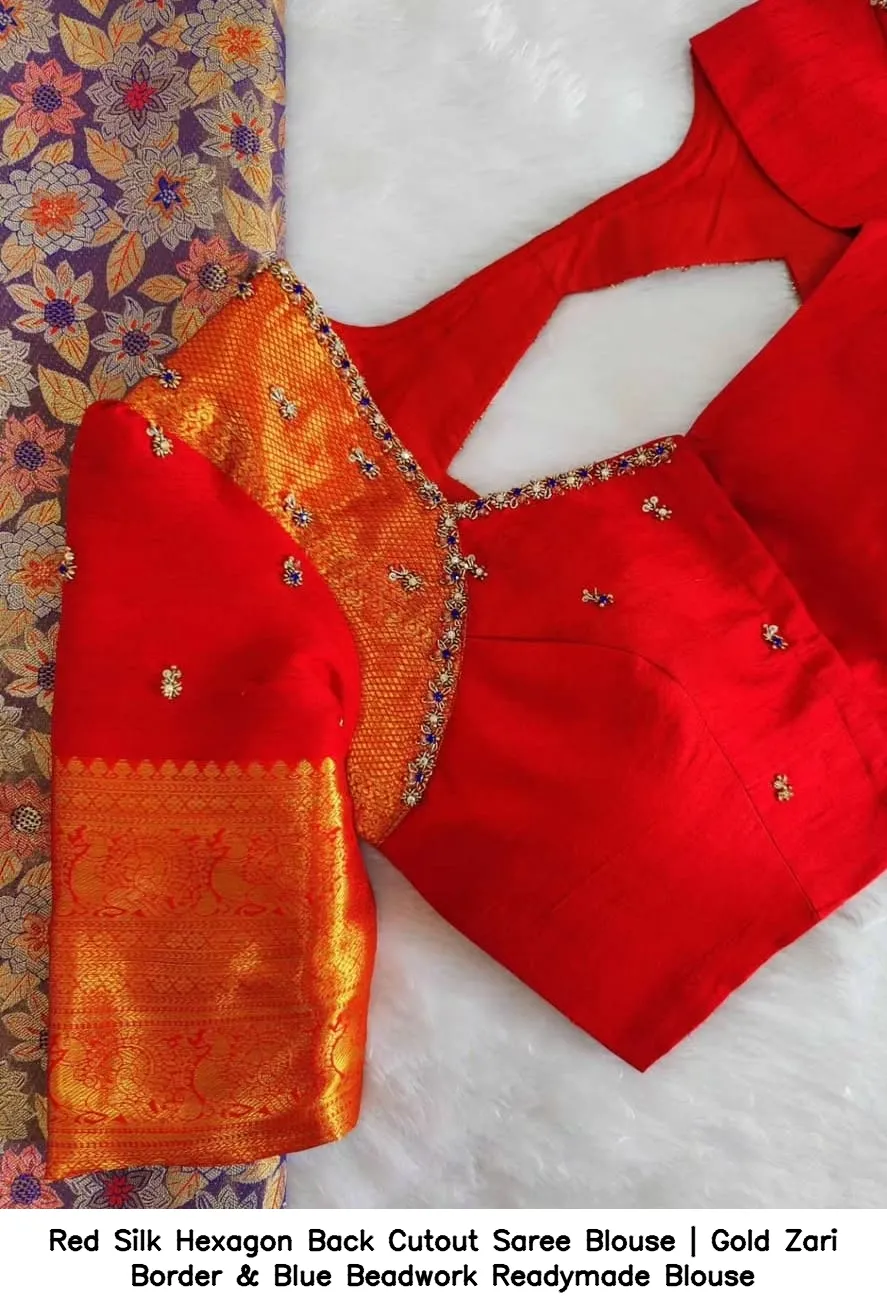 Red Silk Hexagon Back Cutout Saree Blouse | Gold Zari Border & Blue Beadwork Readymade Blouse 4
