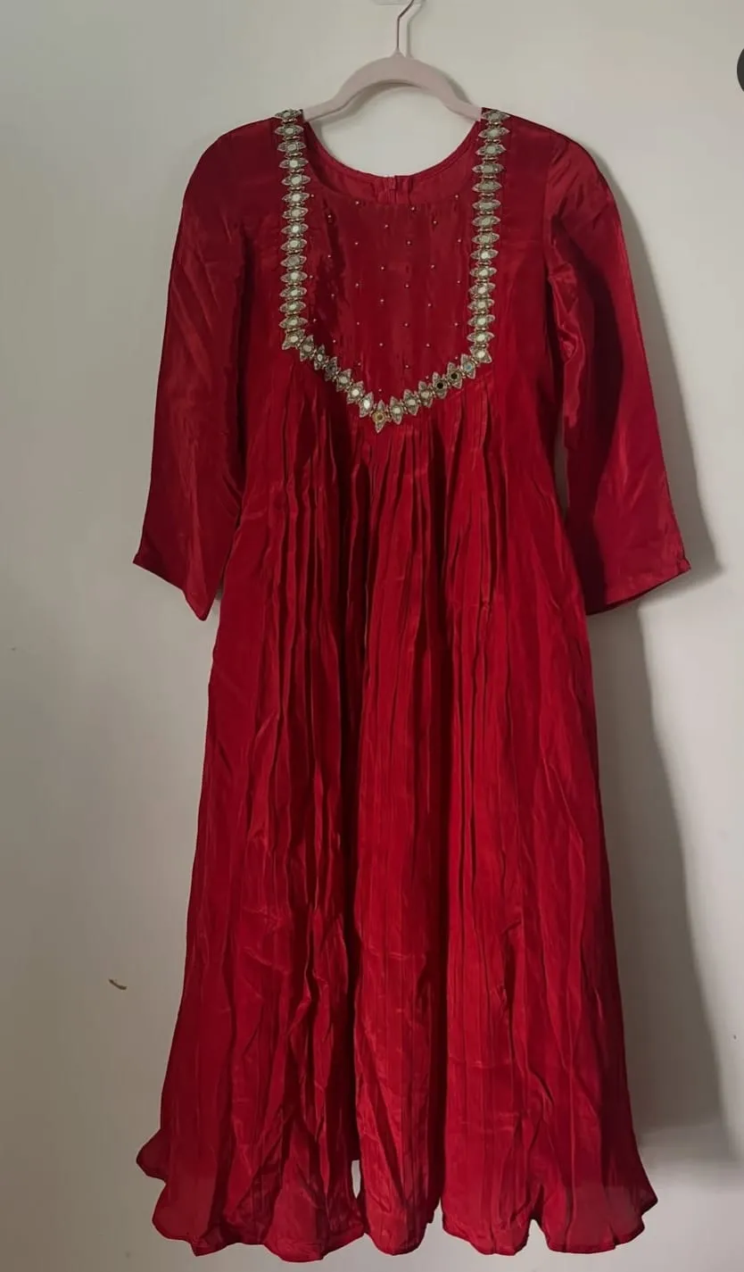 Red Silk Mirror Work Anarkali Dress | Designer Kundan Neckline Long Frock
