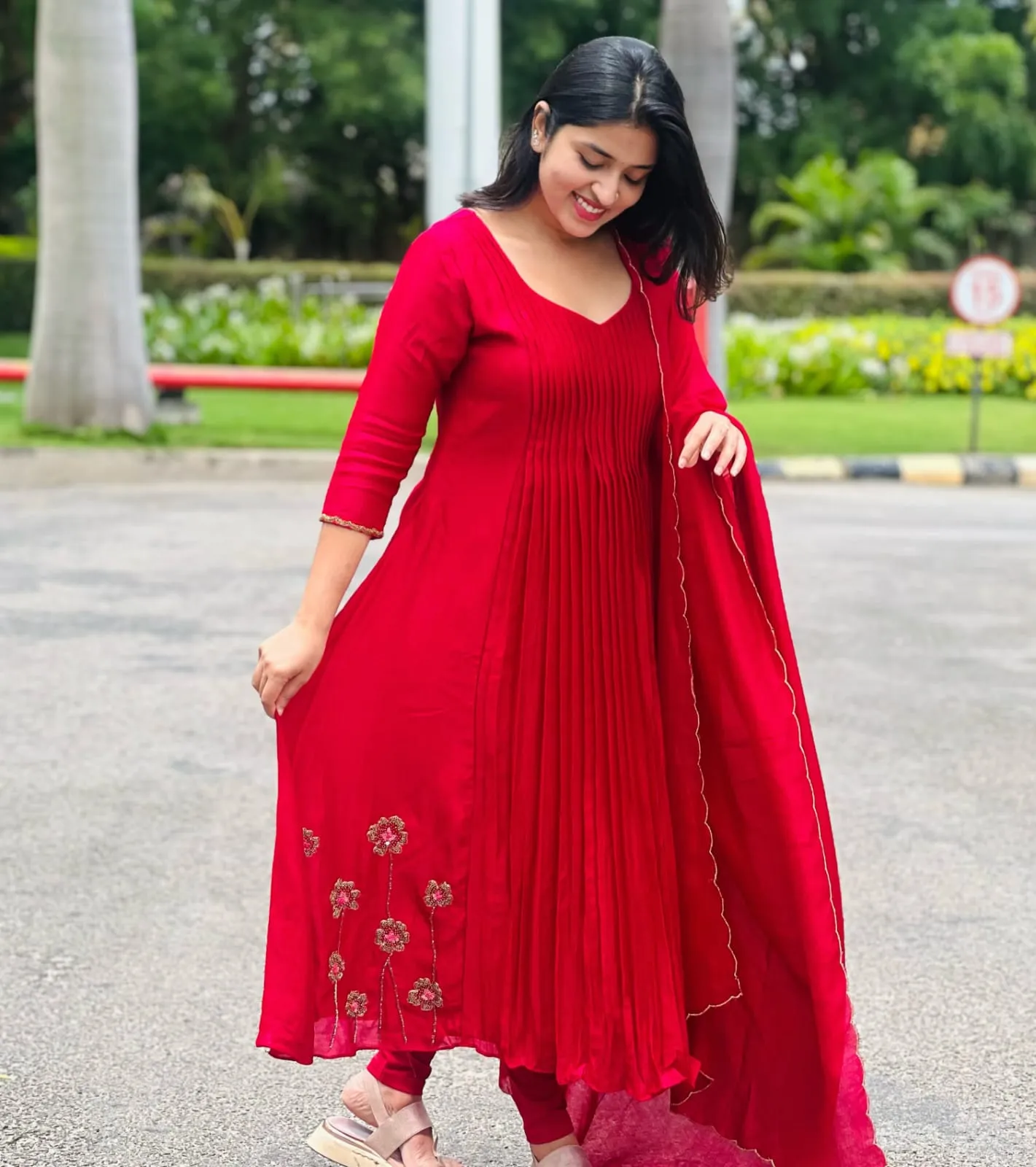 Red Silk Pleated Anarkali Suit Set with Embroidered Hem & Scalloped Dupatt