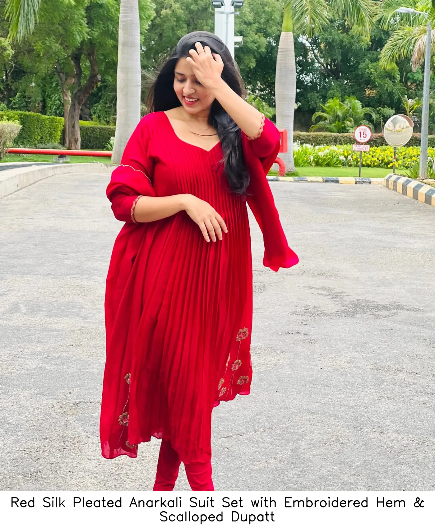 Red Silk Pleated Anarkali Suit Set with Embroidered Hem & Scalloped Dupatt 2