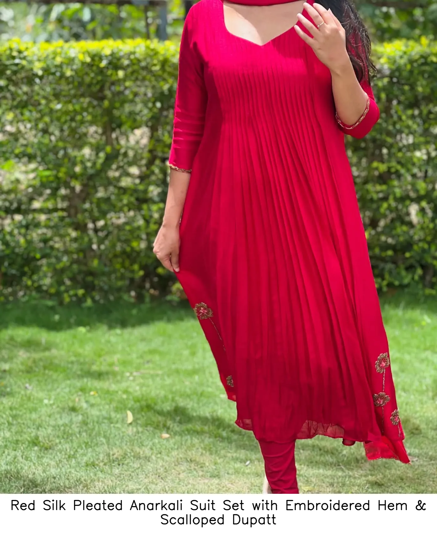 Red Silk Pleated Anarkali Suit Set with Embroidered Hem & Scalloped Dupatt 3