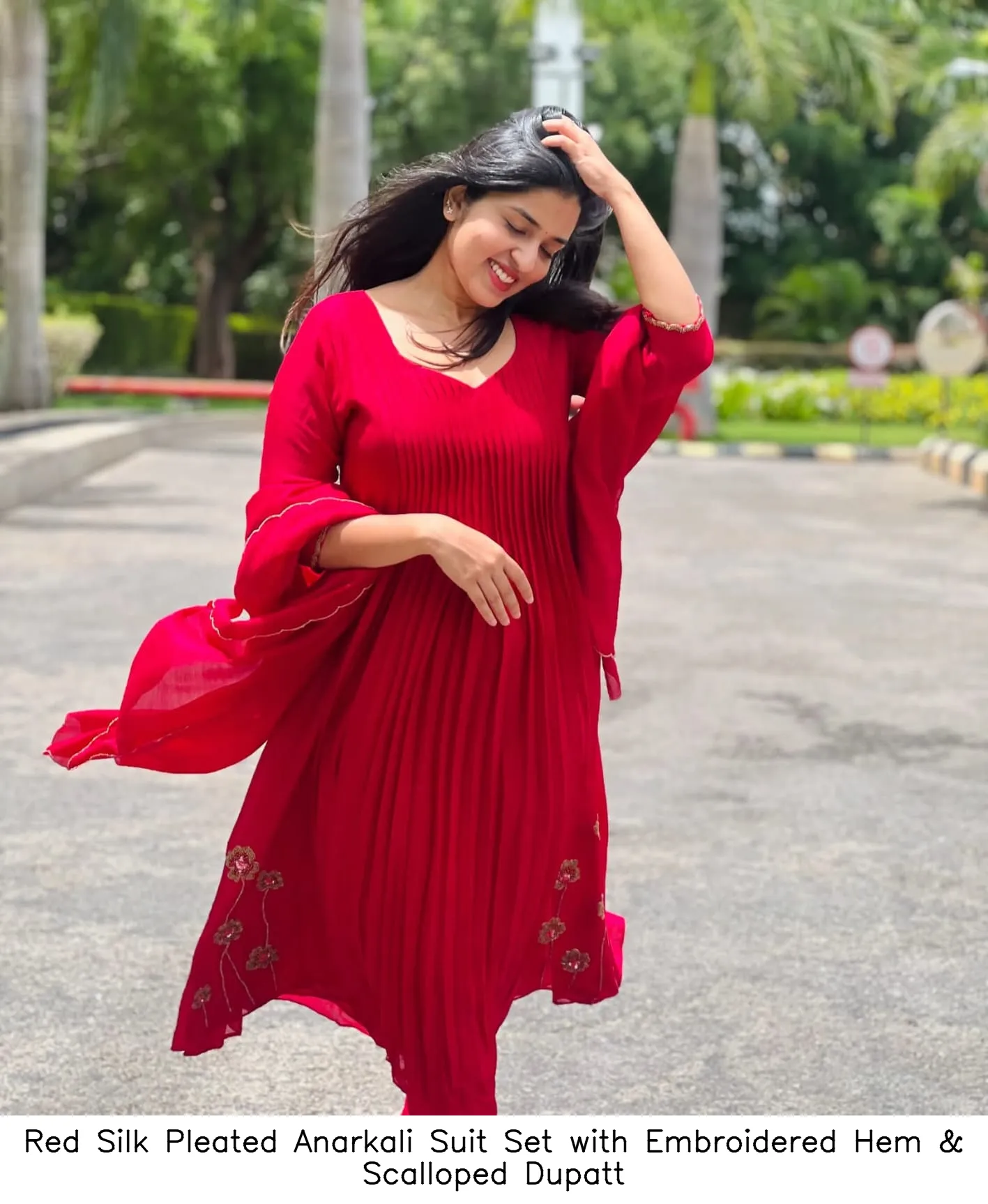 Red Silk Pleated Anarkali Suit Set with Embroidered Hem & Scalloped Dupatt 4