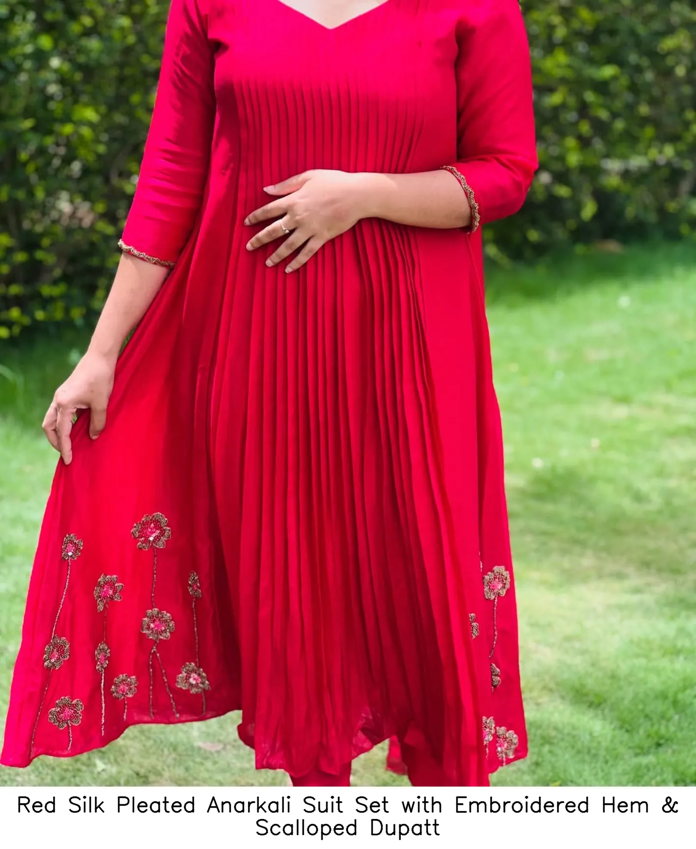 Red Silk Pleated Anarkali Suit Set with Embroidered Hem & Scalloped Dupatt 5