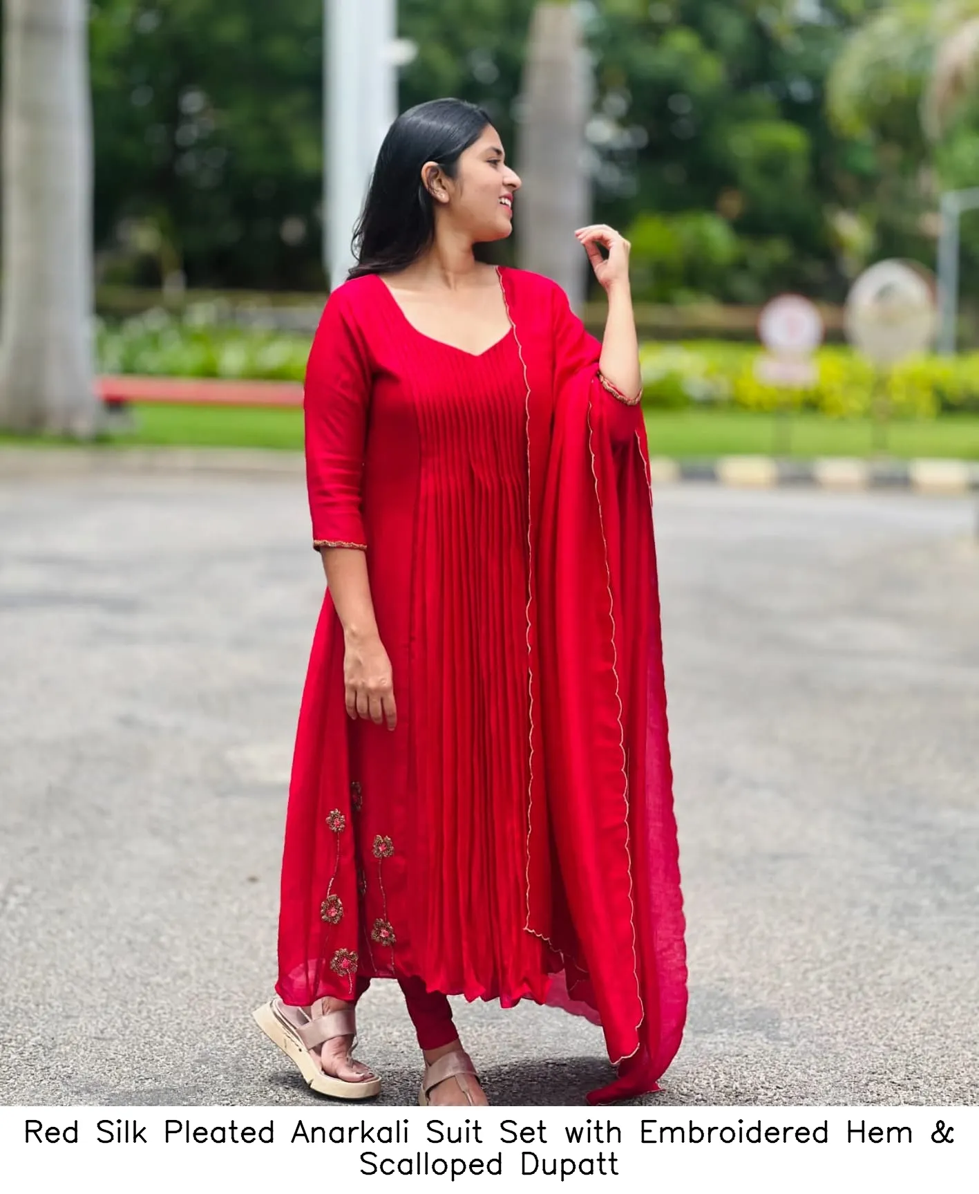 Red Silk Pleated Anarkali Suit Set with Embroidered Hem & Scalloped Dupatt 6