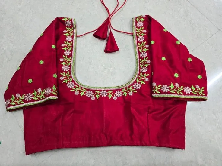 Red Silk Saree Blouse with Floral Embroidery | U-Neck Designer Blouse | Elbow Sleeve Readymade Blouse for Wedding & Party Wear