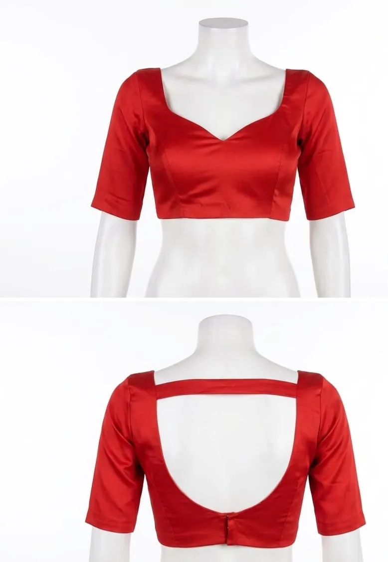 Red Silk Sweetheart Neck Saree Blouse | Cutout Backless Half Sleeve Readymade Blouse