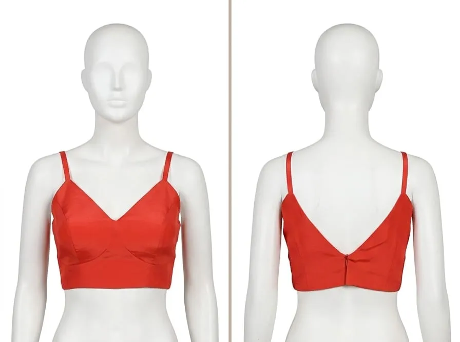 Red Silk V-Neck Sleeveless Saree Blouse | Deep V-Back Padded Bralette Crop Top