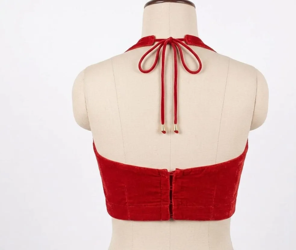 Red Velvet Halter Neck Saree Blouse | Backless Deep U-Neck Blouse with Tie Up | Designer Sleeveless Party Wear Blouse