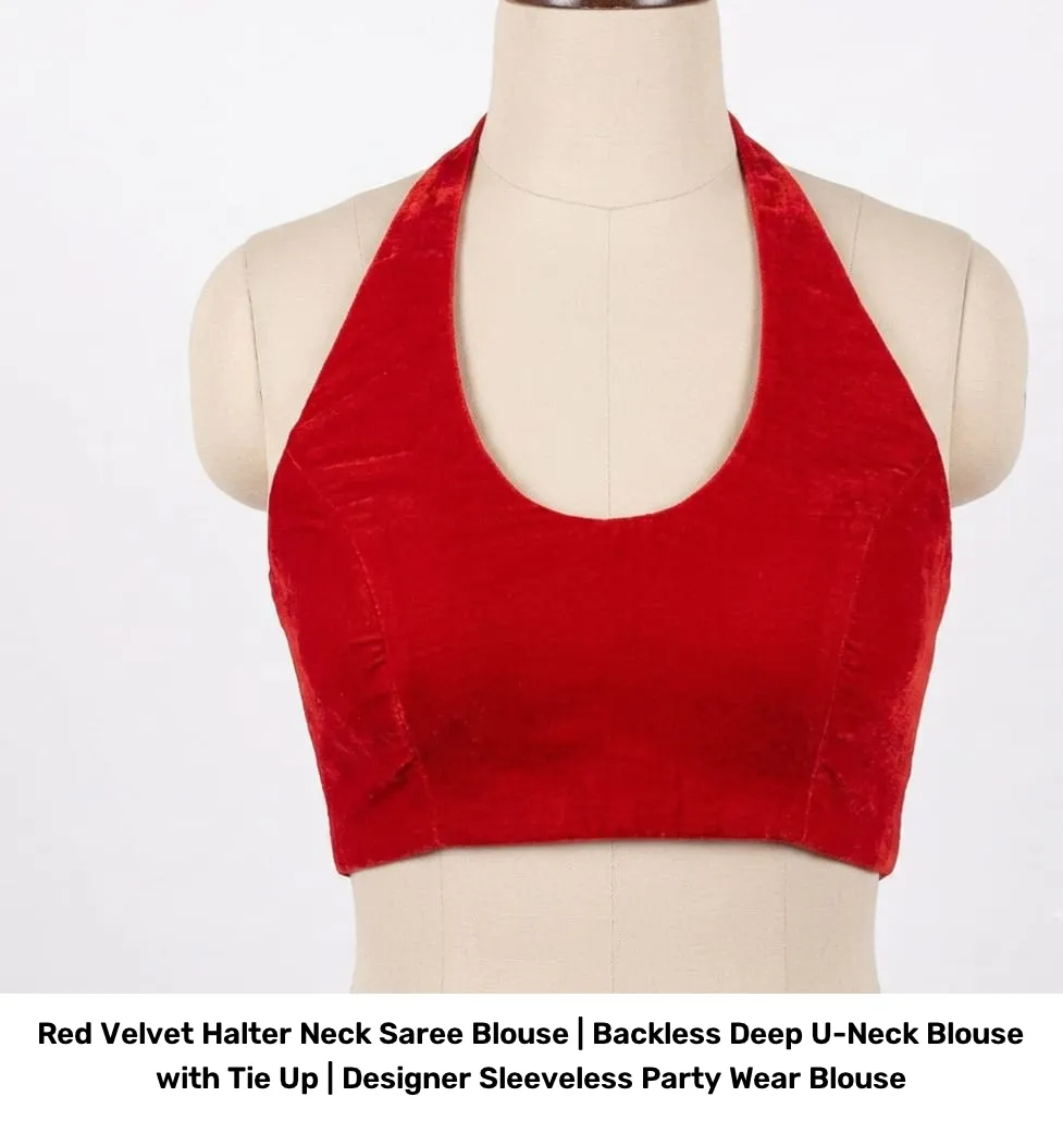 Red Velvet Halter Neck Saree Blouse | Backless Deep U-Neck Blouse with Tie Up | Designer Sleeveless Party Wear Blouse 2
