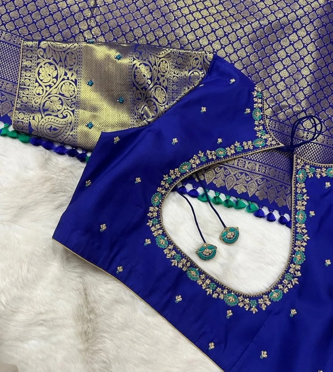 Royal Blue Bridal Aari Work Blouse | Handcrafted Sea Green Floral Border & Latkan Silk Saree Blouse