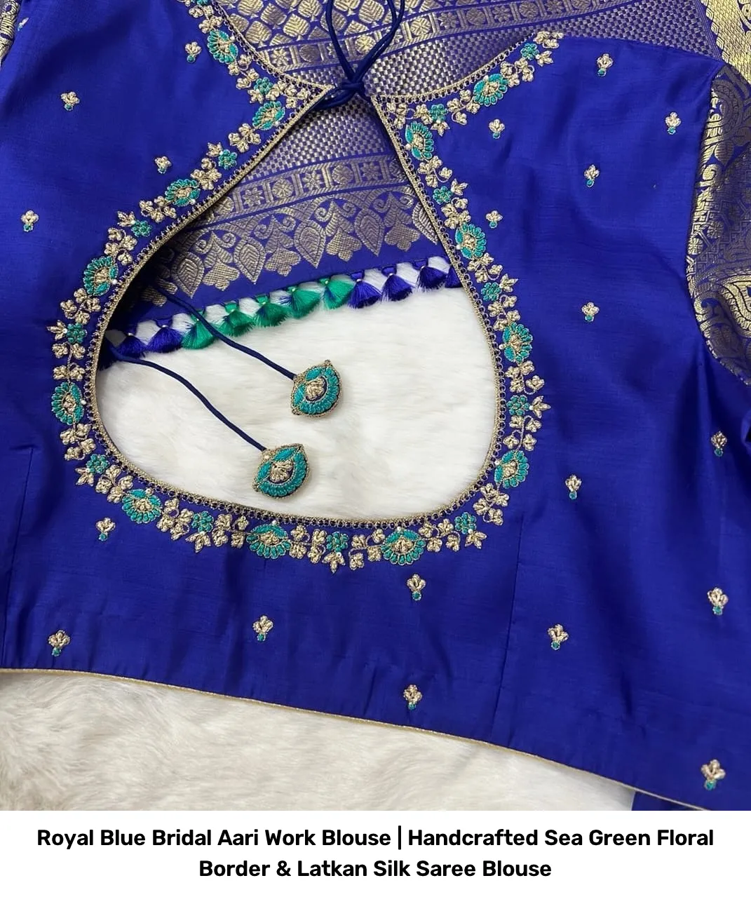 Royal Blue Bridal Aari Work Blouse | Handcrafted Sea Green Floral Border & Latkan Silk Saree Blouse 2