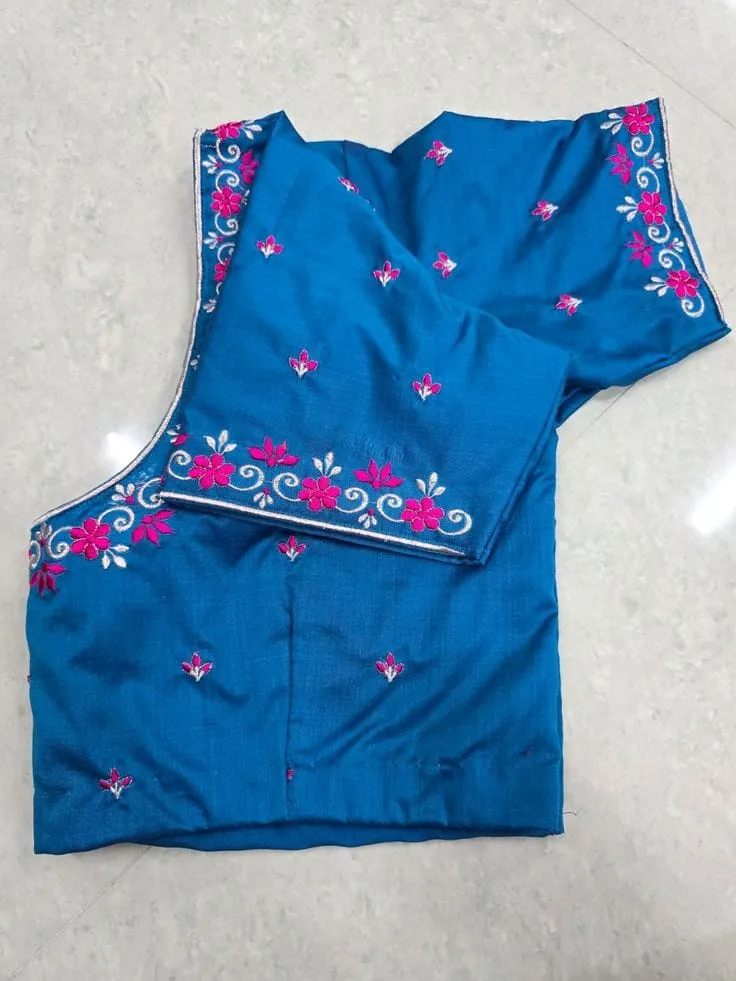 Royal Blue Computer Embroidery Blouse | Pink Floral Machine Work Readymade Silk Saree Blouse