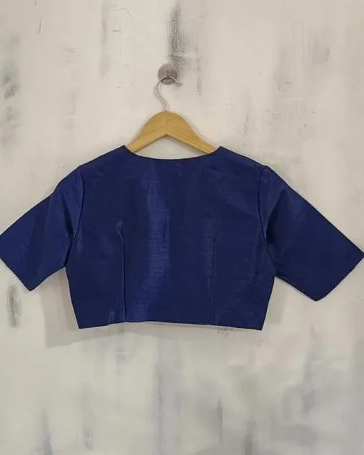 Royal Blue Deep V-Neck Readymade Blouse – Raw Silk Elbow Sleeve Padded Saree Blouse