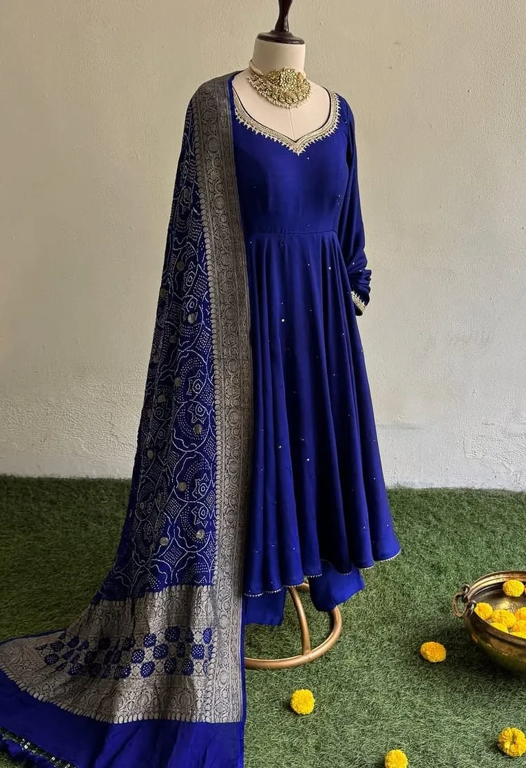 Royal Blue Embroidered Anarkali Dress with Bandhani Zari Dupatta | Ethnic Party Wear