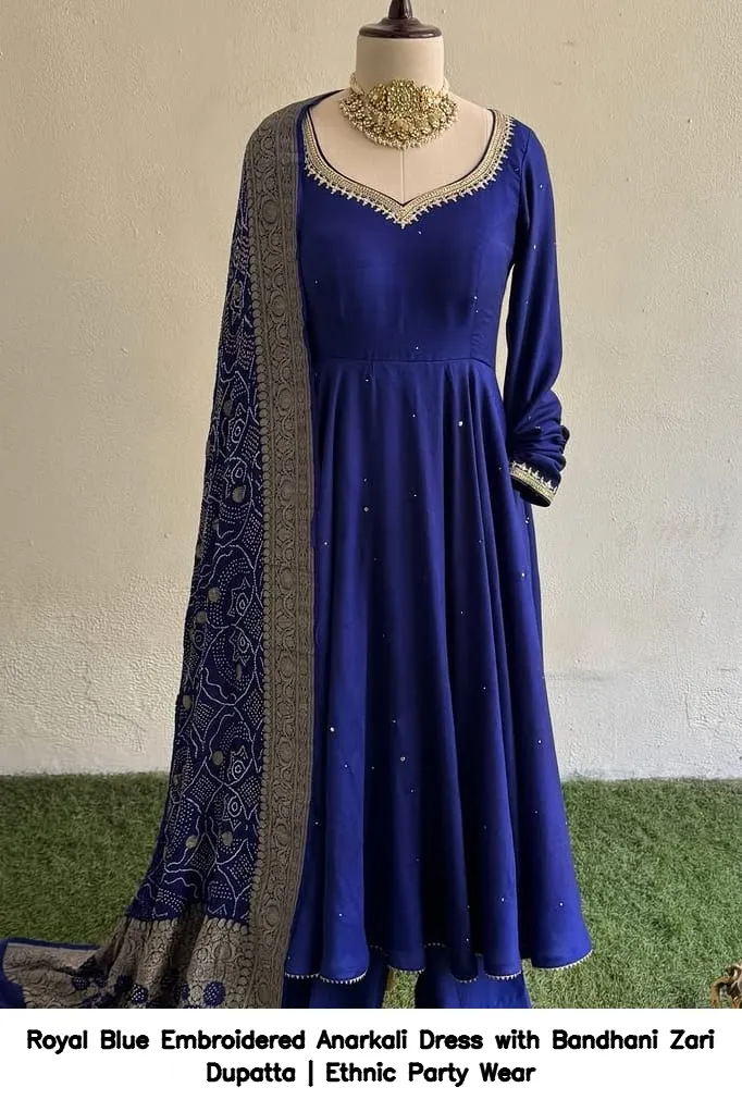 Royal Blue Embroidered Anarkali Dress with Bandhani Zari Dupatta | Ethnic Party Wear 2