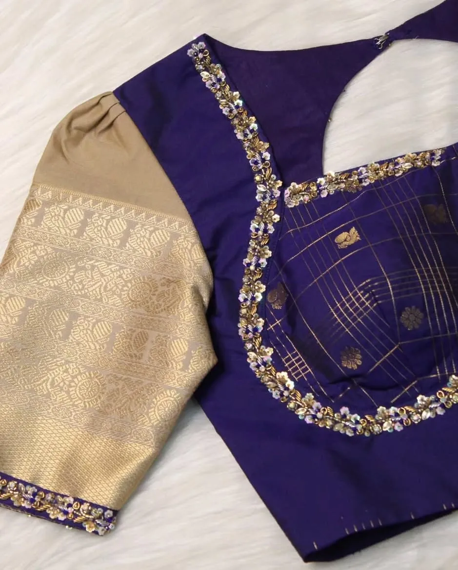 Royal Blue Hand Embroidered Blouse with Gold Zari Tissue Sleeves | Designer Silk Saree Blouse