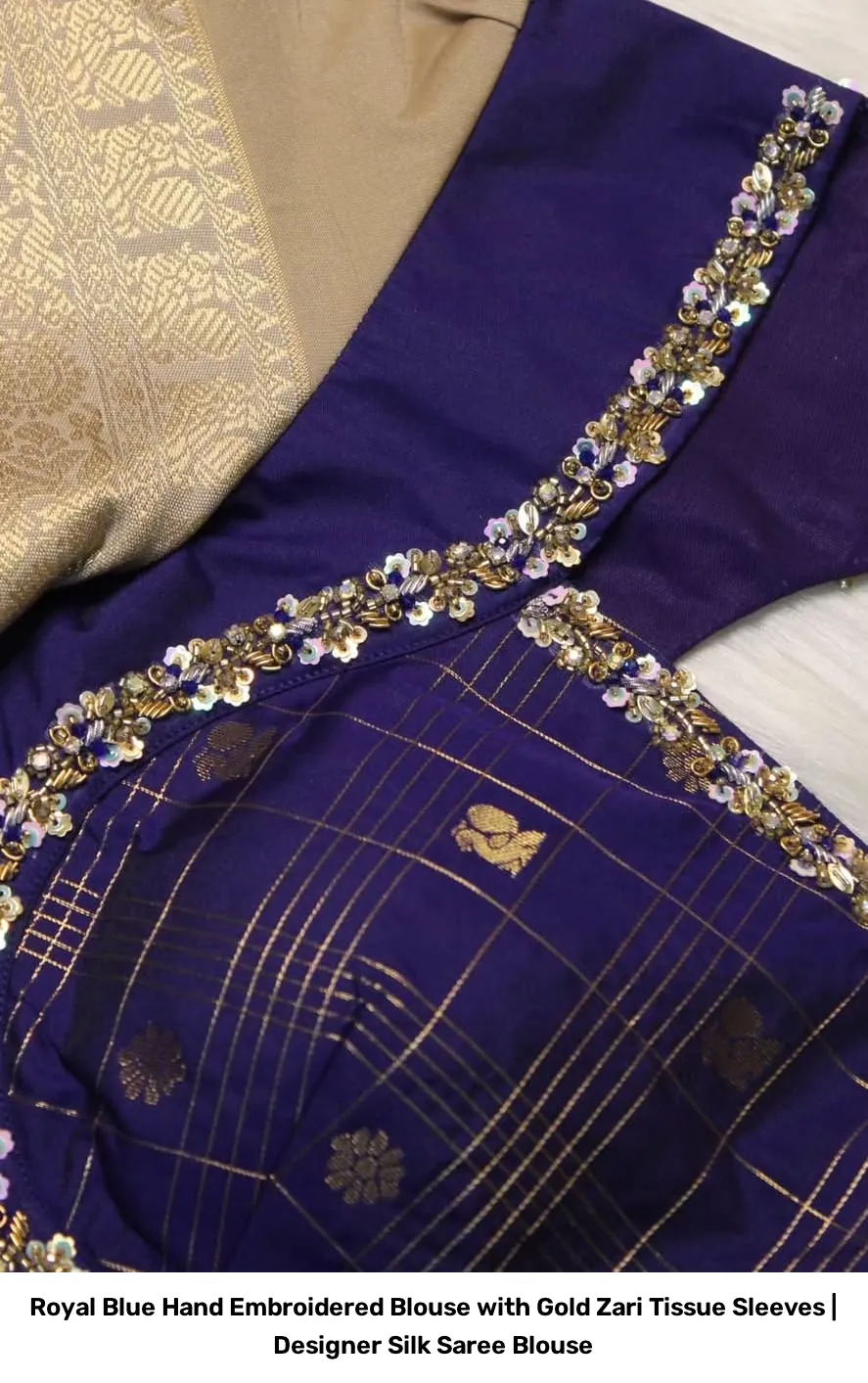 Royal Blue Hand Embroidered Blouse with Gold Zari Tissue Sleeves | Designer Silk Saree Blouse 3