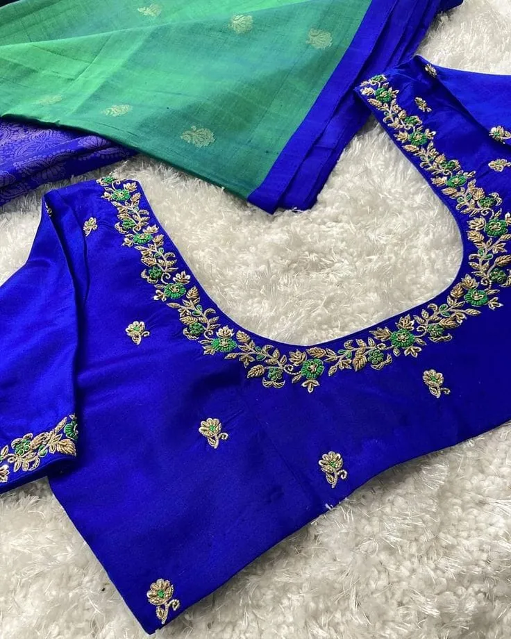 Royal Blue Hand Embroidered Silk Blouse | Contrast Green Floral Vine Neckline Design