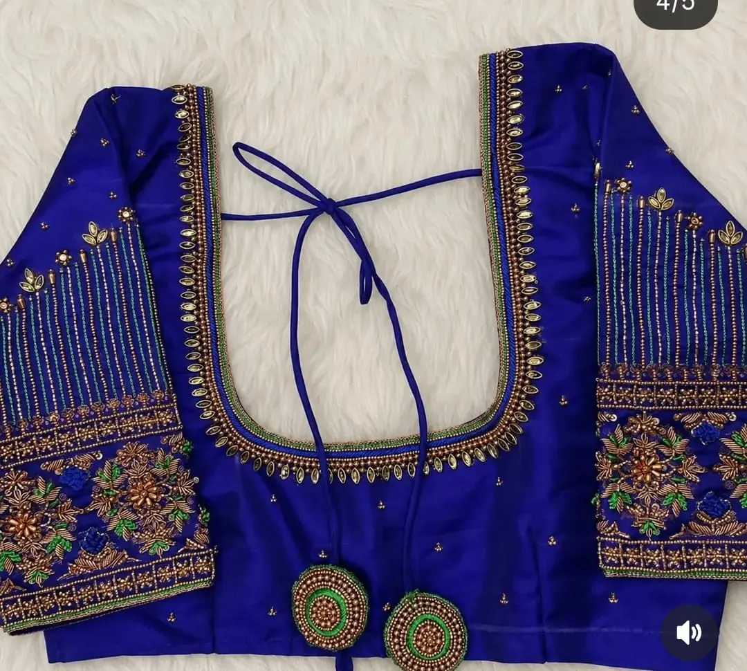 Royal Blue Hand Embroidered Silk Blouse | Heavy Maggam Work Bridal Neck Design 1