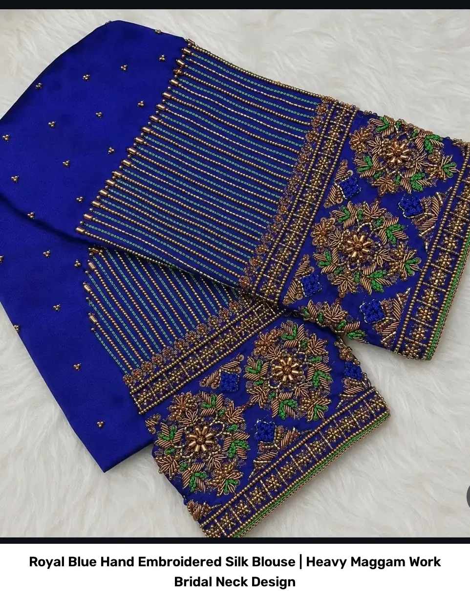 Royal Blue Hand Embroidered Silk Blouse | Heavy Maggam Work Bridal Neck Design 2