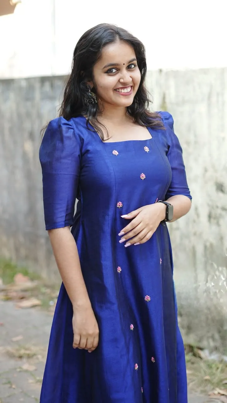 Royal Blue Raw Silk Anarkali Gown | Puff Sleeve Square Neck Embroidered Buti Flared Kurti Dress
