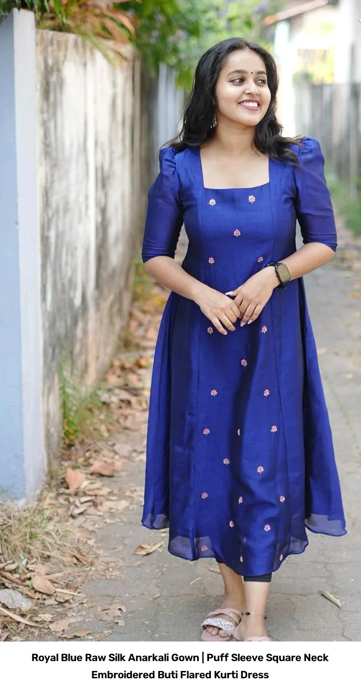 Royal Blue Raw Silk Anarkali Gown | Puff Sleeve Square Neck Embroidered Buti Flared Kurti Dress 2