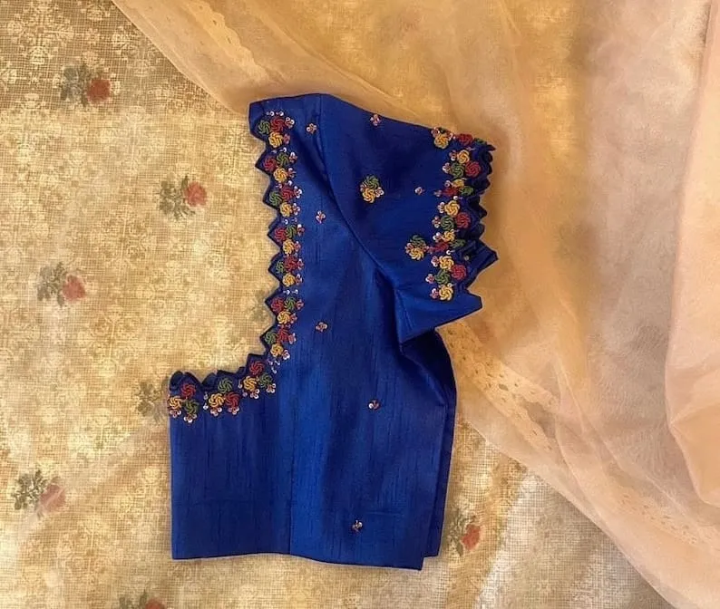 Royal Blue Raw Silk Cutwork Blouse | Hand Embroidered Floral Border Readymade Saree Blouse 1