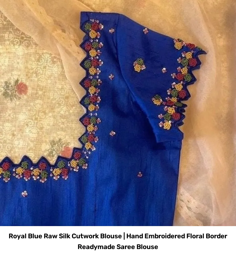 Royal Blue Raw Silk Cutwork Blouse | Hand Embroidered Floral Border Readymade Saree Blouse 3