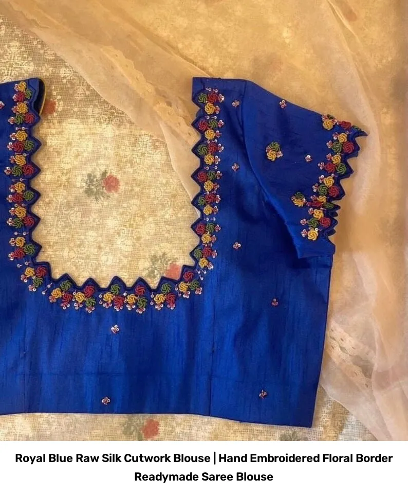 Royal Blue Raw Silk Cutwork Blouse | Hand Embroidered Floral Border Readymade Saree Blouse 4