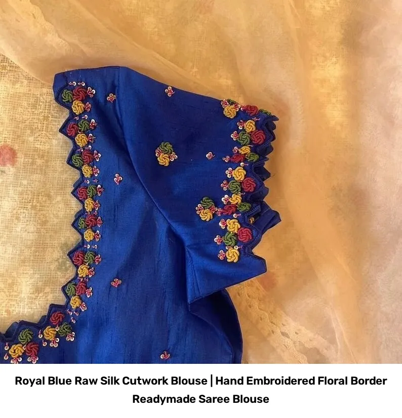Royal Blue Raw Silk Cutwork Blouse | Hand Embroidered Floral Border Readymade Saree Blouse 5
