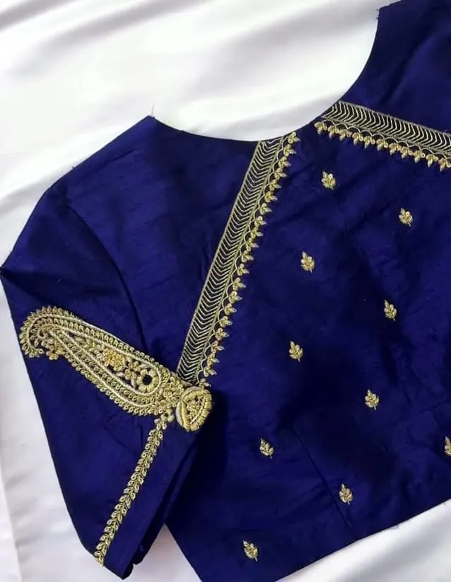 Royal Blue Raw Silk Maggam Work Blouse | Asymmetric Neck & Paisley Motif Zardosi Embroidered Saree Blouse