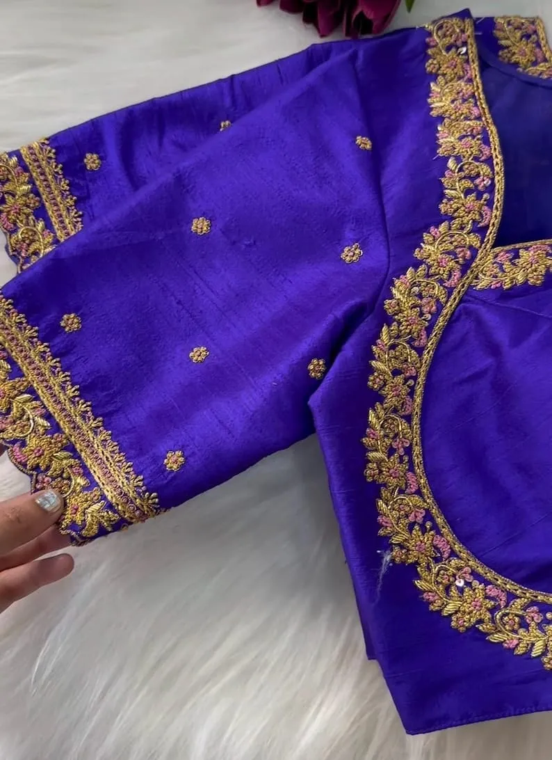 Royal Blue Raw Silk Maggam Work Blouse – Handcrafted Zardozi Embroidered Bridal Saree Blouse with Cut-Out Back Neck 1
