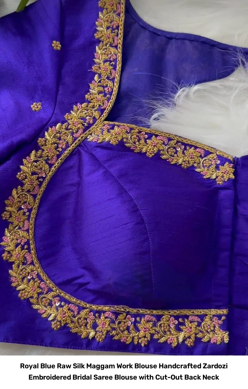 Royal Blue Raw Silk Maggam Work Blouse – Handcrafted Zardozi Embroidered Bridal Saree Blouse with Cut-Out Back Neck 3