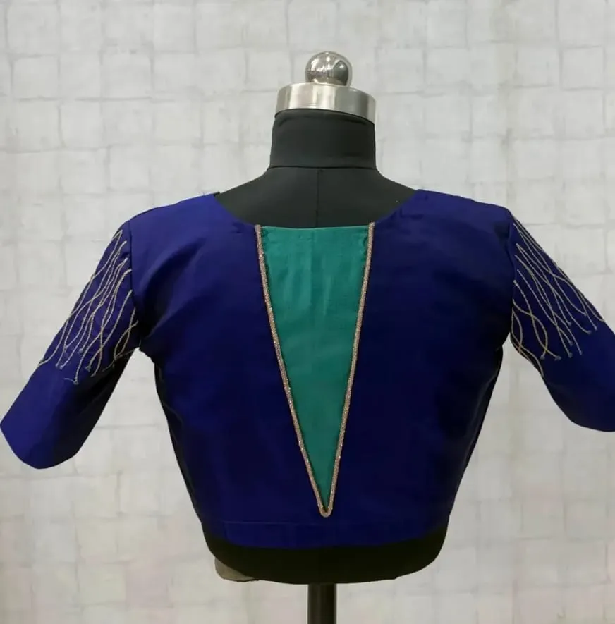 Royal Blue Raw Silk Readymade Blouse with Gold Chain Embroidery Sleeves & Contrast Green V-Back