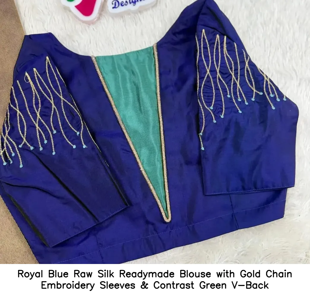 Royal Blue Raw Silk Readymade Blouse with Gold Chain Embroidery Sleeves & Contrast Green V-Back 3