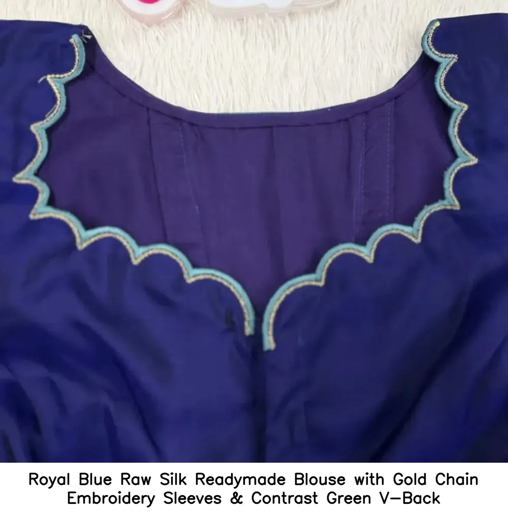 Royal Blue Raw Silk Readymade Blouse with Gold Chain Embroidery Sleeves & Contrast Green V-Back 4