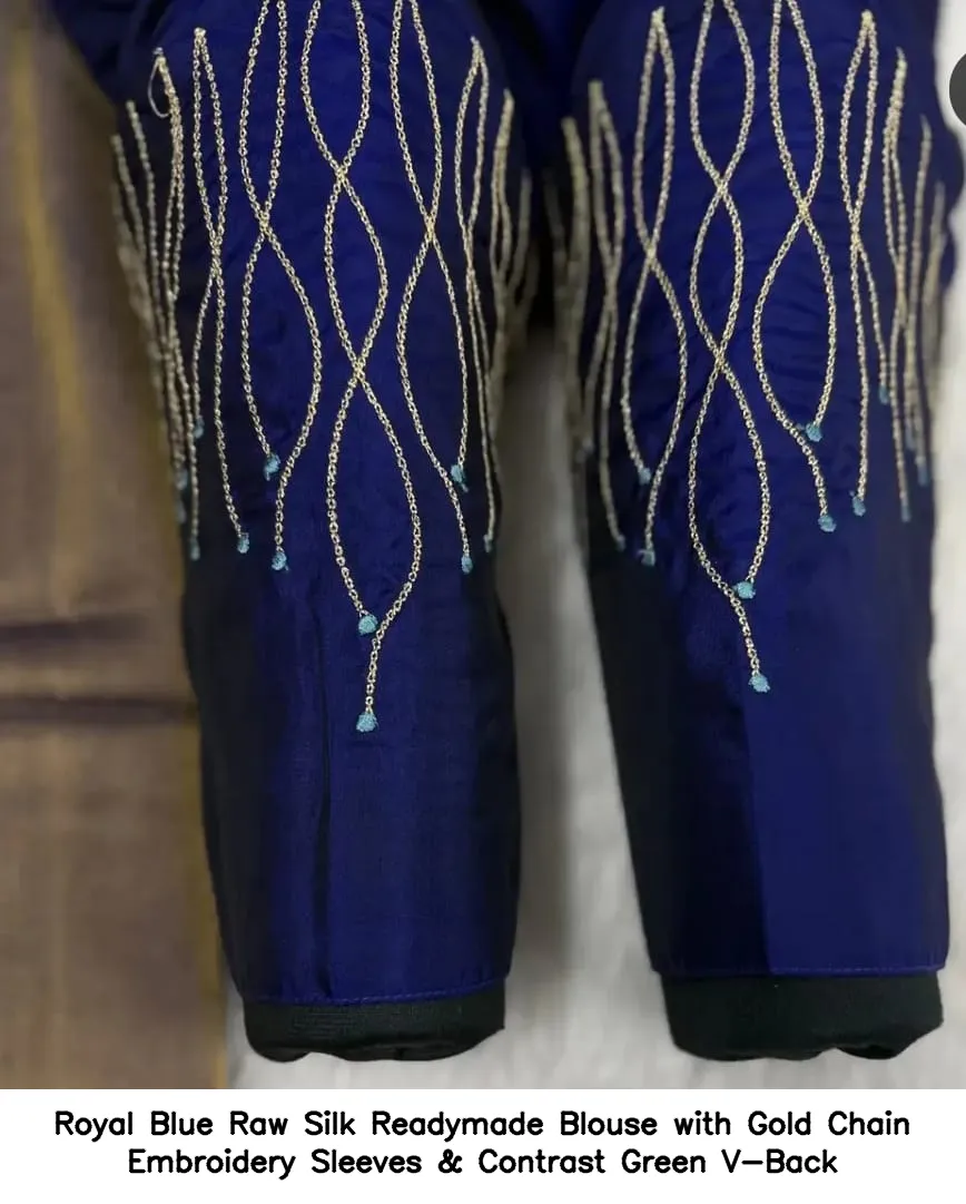Royal Blue Raw Silk Readymade Blouse with Gold Chain Embroidery Sleeves & Contrast Green V-Back 5