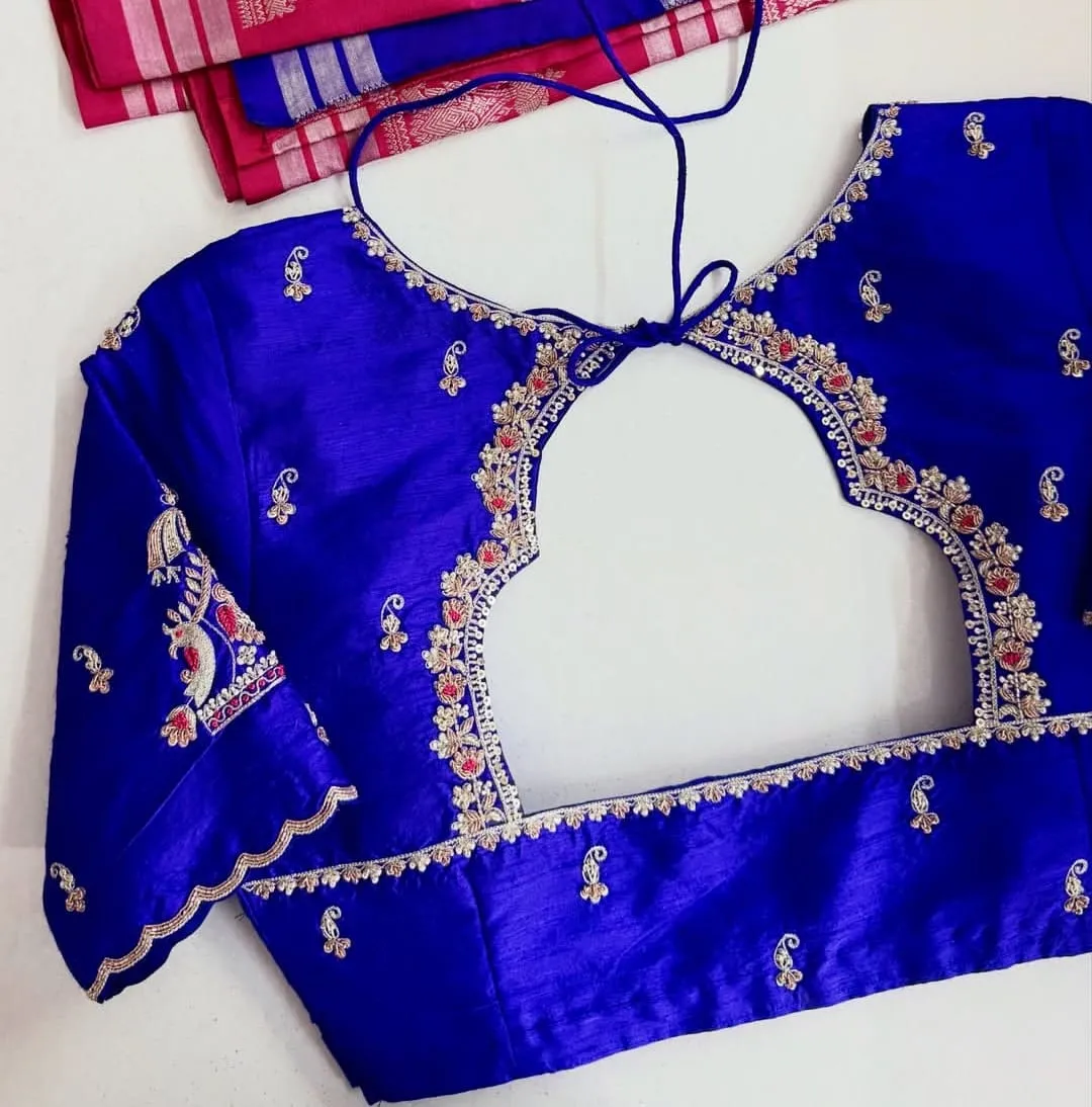 Royal Blue Raw Silk Saree Blouse | Peacock Maggam Work & Keyhole Back Readymade Blouse 1