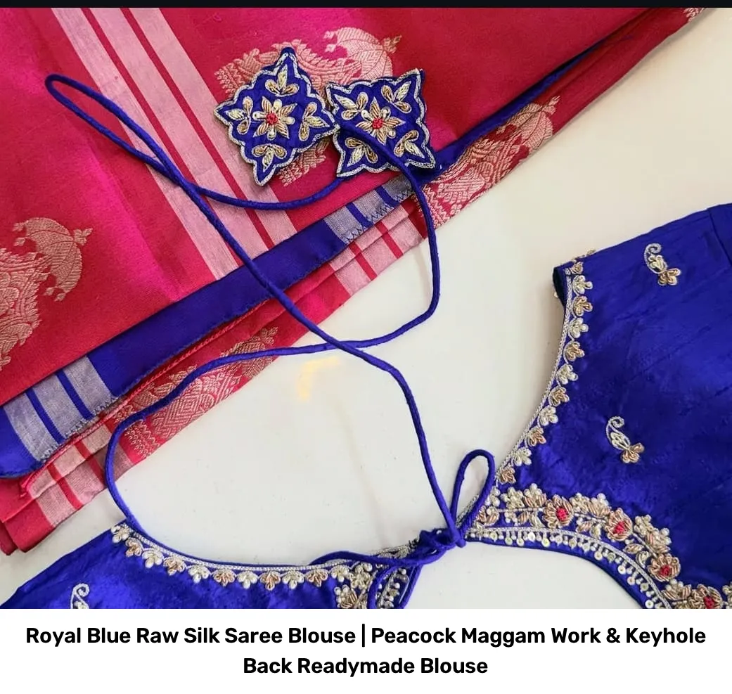 Royal Blue Raw Silk Saree Blouse | Peacock Maggam Work & Keyhole Back Readymade Blouse 2