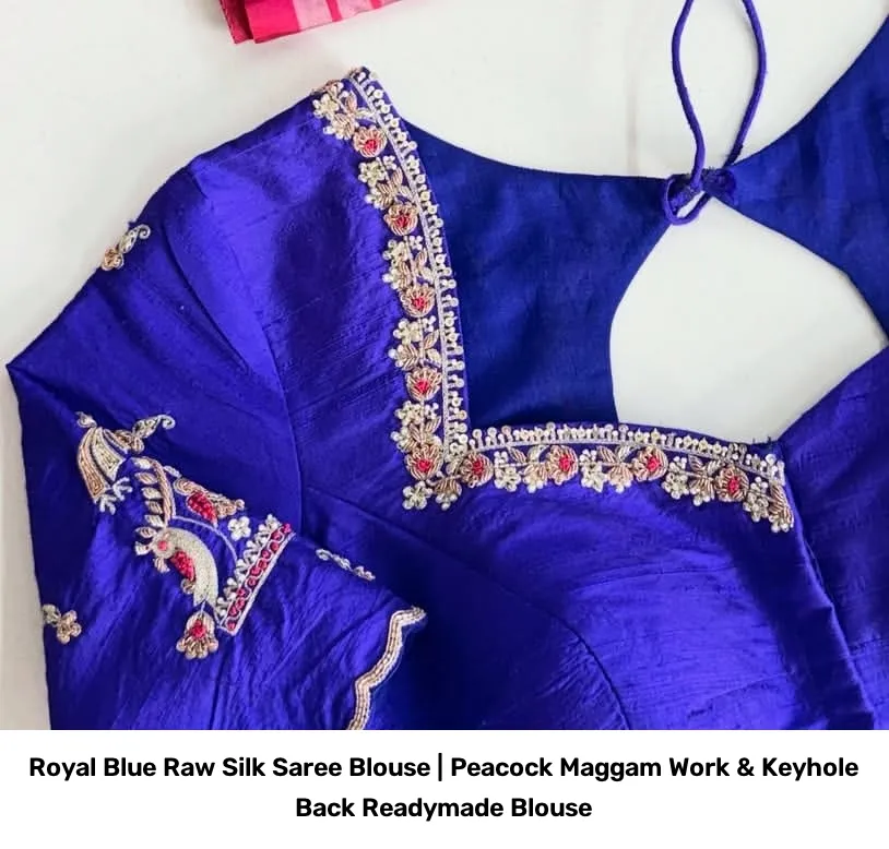 Royal Blue Raw Silk Saree Blouse | Peacock Maggam Work & Keyhole Back Readymade Blouse 3