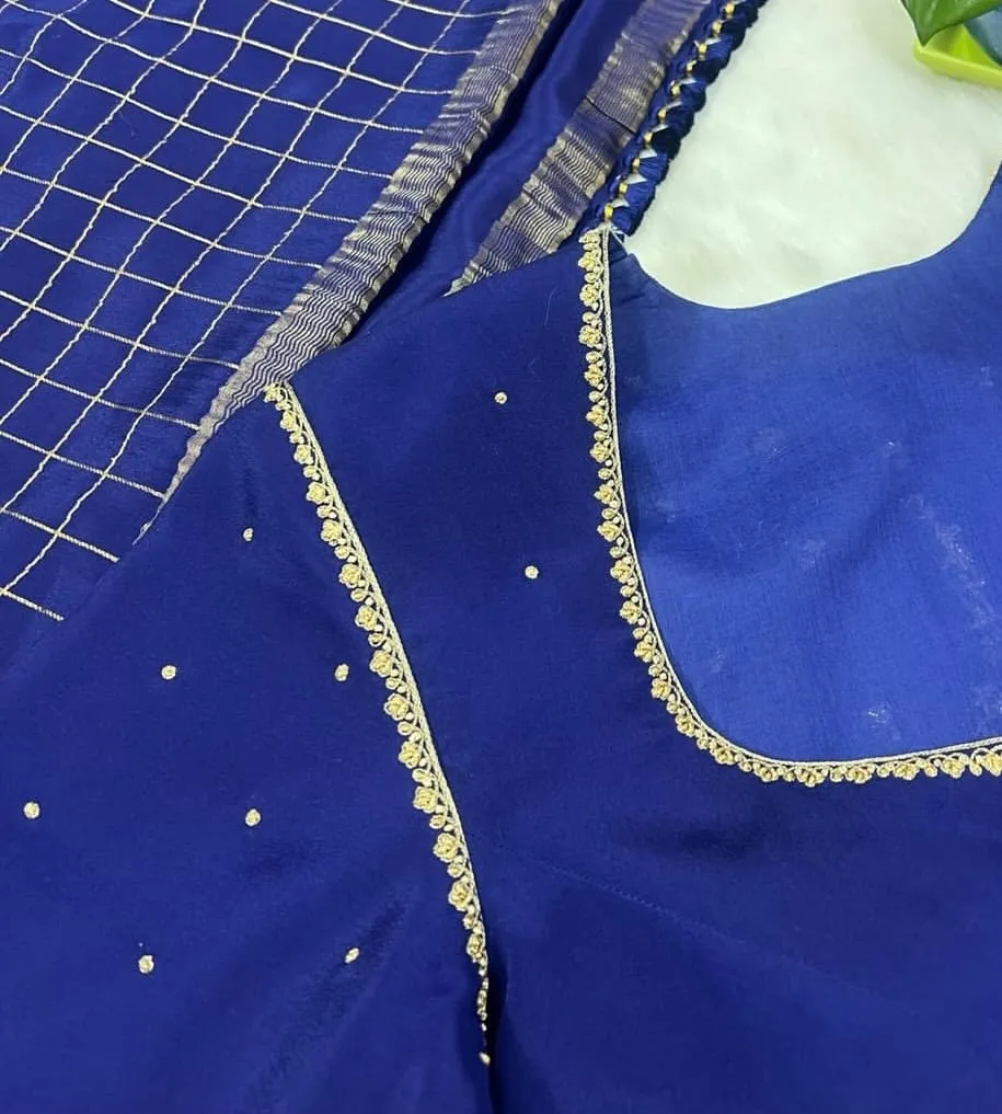 Royal Blue Raw Silk Saree Blouse | Square Neck Gold Zari Border & Subtle Butti Hand Embroidery