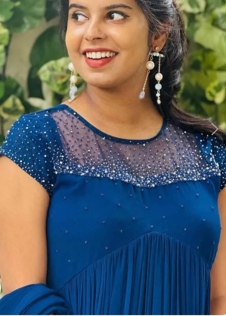 Royal Blue Sequin Net Neck Georgette Pleated Anarkali Dress with Dupatta – Party Wear Maxi Gown 1