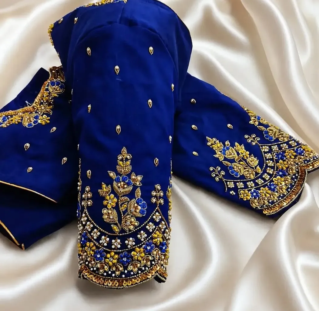 Royal Blue Silk Blouse | Designer Hand Embroidered Floral Sleeve & Neckline Border 1