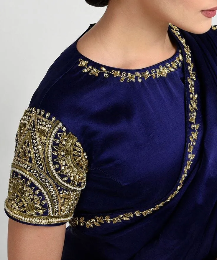 Royal Blue Silk Boat Neck Blouse - Heavy Embroidered Maggam Statement Sleeve Saree Blouse 1