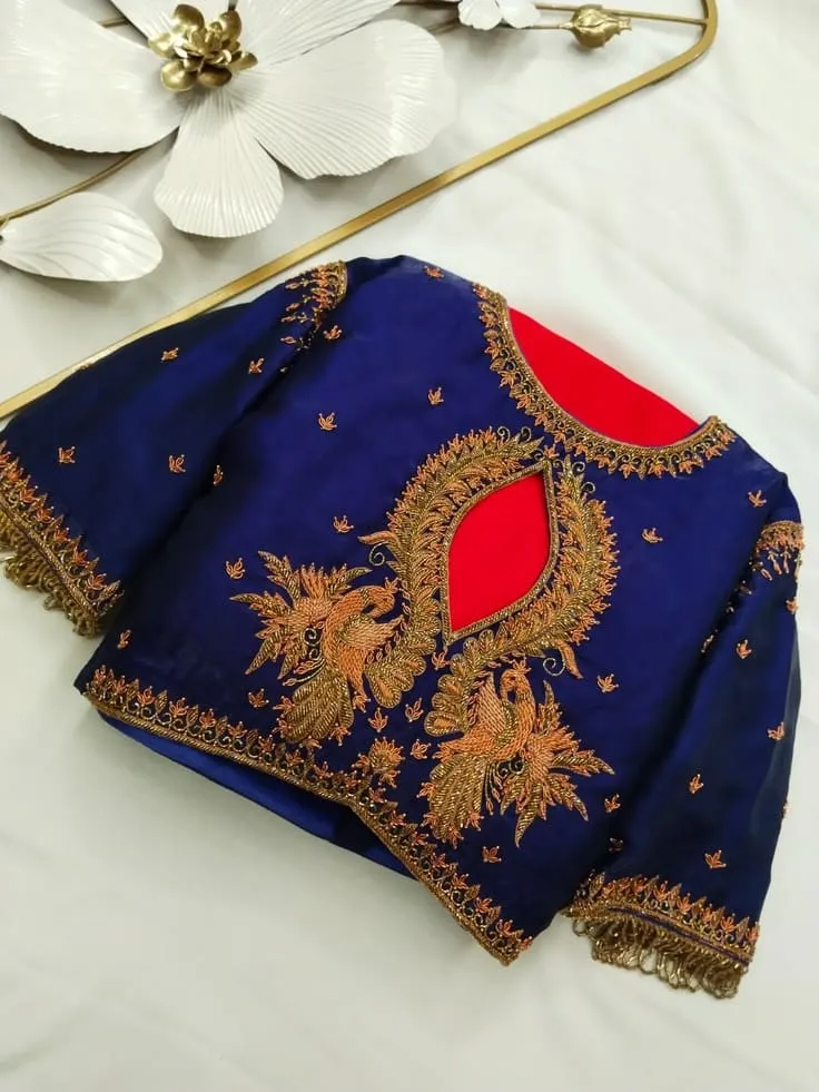 Royal Blue Silk Bridal Aari Work Blouse with Gold Peacock Motifs & Keyhole Back | Designer Saree Blouse 1