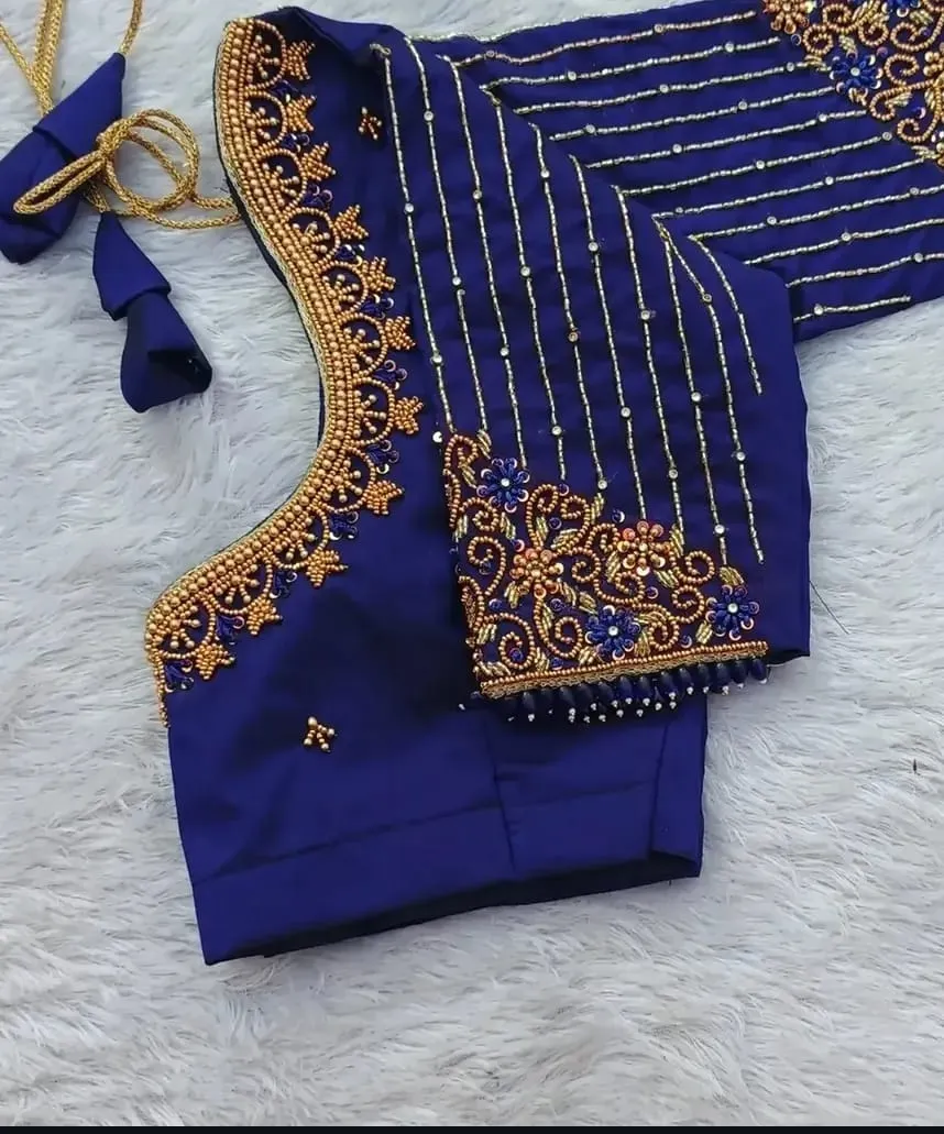 Royal Blue Silk Bridal Maggam Work Blouse – Heavy Zardozi, Beadwork & Floral Aari Embroidery