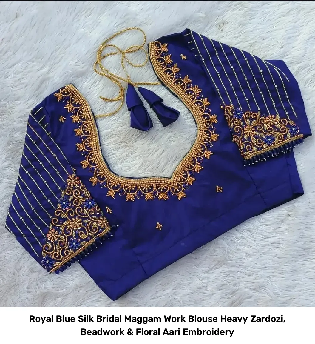 Royal Blue Silk Bridal Maggam Work Blouse – Heavy Zardozi, Beadwork & Floral Aari Embroidery 2