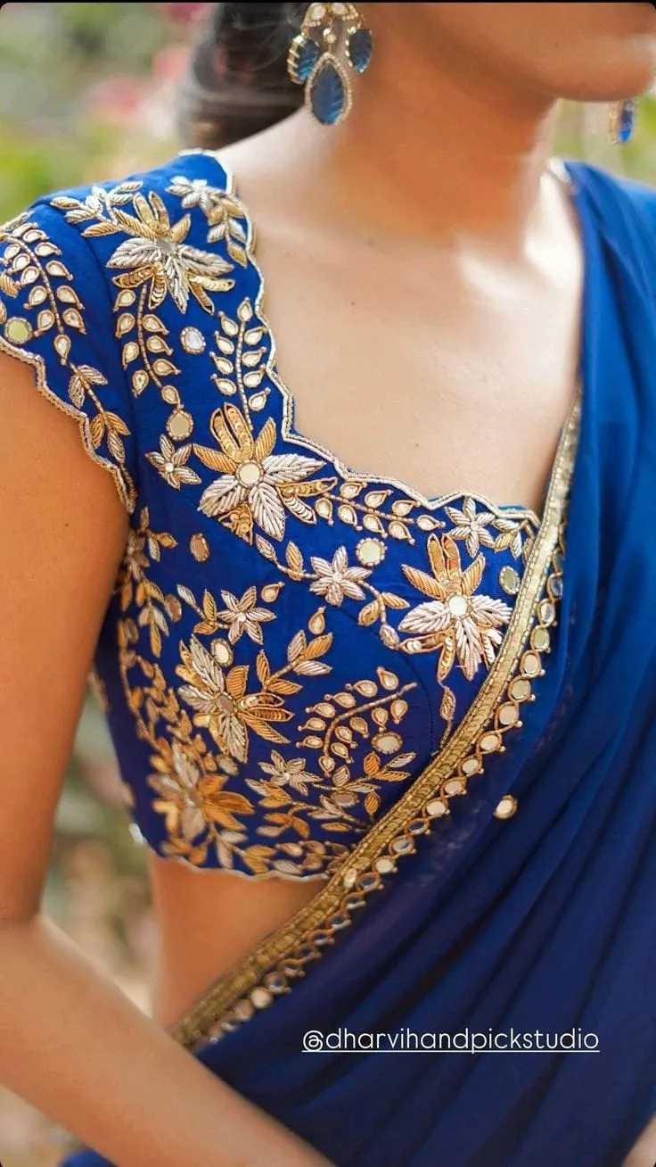 Royal Blue Silk Maggam Blouse | Hand Embroidered Gold Zardozi & Mirror Work Cutwork Neckline Saree Blouse 1
